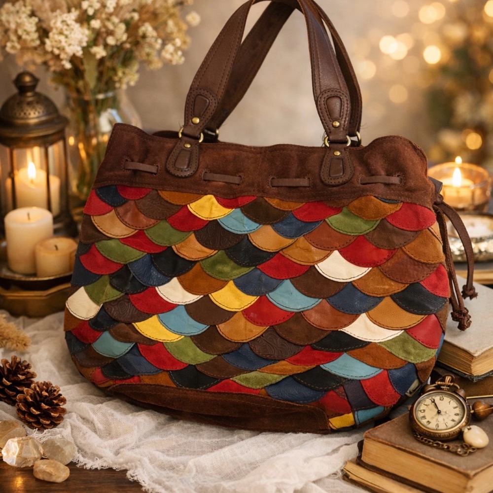 Lucky Brand Boho Festival Colorful Patchwork Leather/Suede Shoulder Bag,